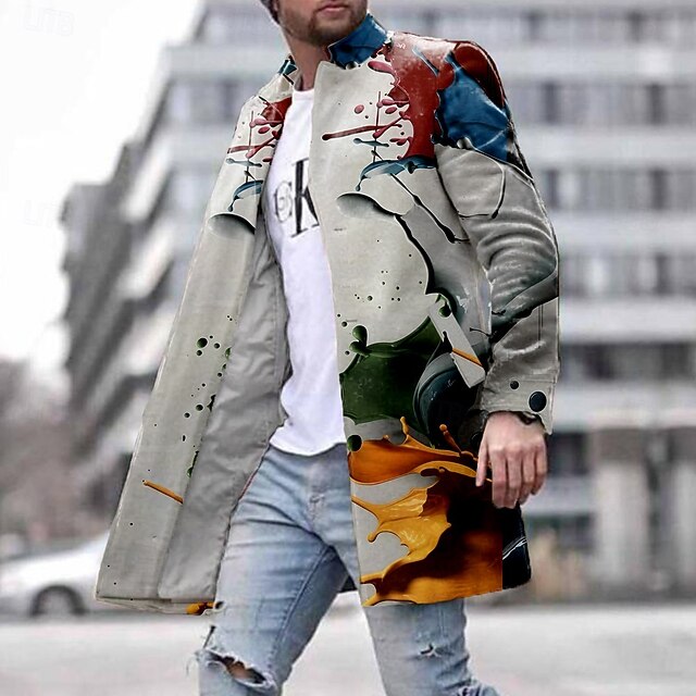 Men's Colorful Winter Coat Fleece Jacket Overcoat Thermal Comfortable Artistic Casual Outdoor Street Daily Wear 3D Print Buttons Front Pocket Winter Turndown Long Sleeve Multi Color4