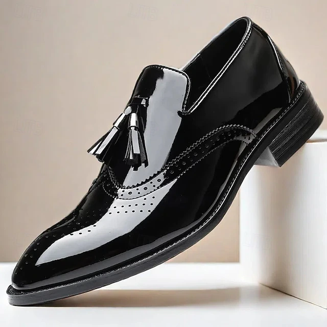 Men's Black Patent Leather Tassel Loafers – Sleek Formal Dress Shoes with Brogue Detailing 19