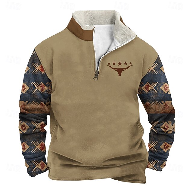  Homens Cowboy Moletom Moletom com zíper Manga Longa Moletom Colarinho Chinês Quarter Zip Casual Vintage retrô Impressão 3D Férias Para Noite Streetwear Half Zip Outono Inverno