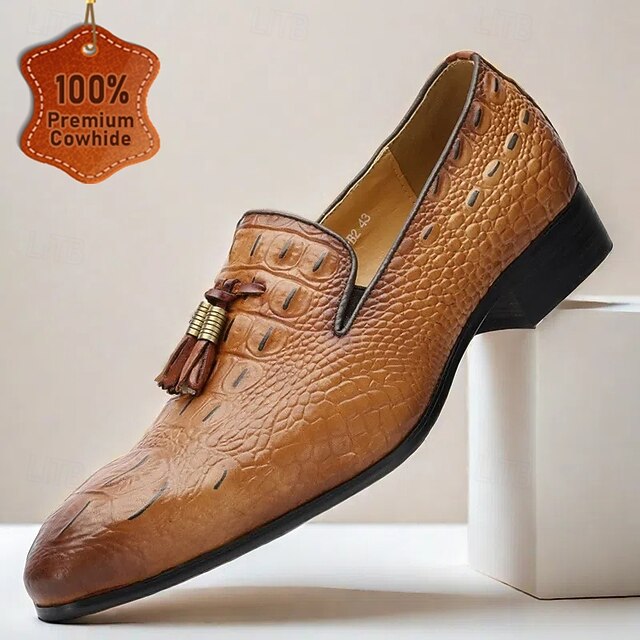Men's Tan Crocodile Embossed Leather Loafers with Tassel Detail – Premium Cowhide Formal & Casual Dress Shoes 10