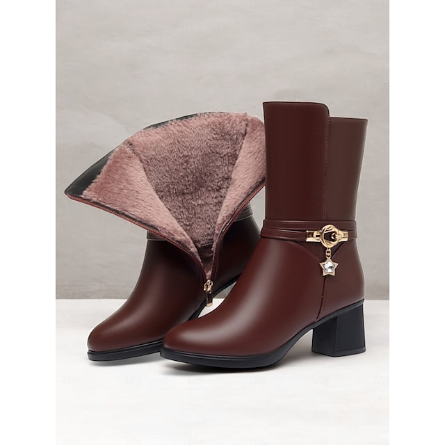  botas femininas de inverno de cano médio com forro de pele de couro sintético preto com pingente de estrela e saltos altos – calçado elegante e quente para o tempo frio