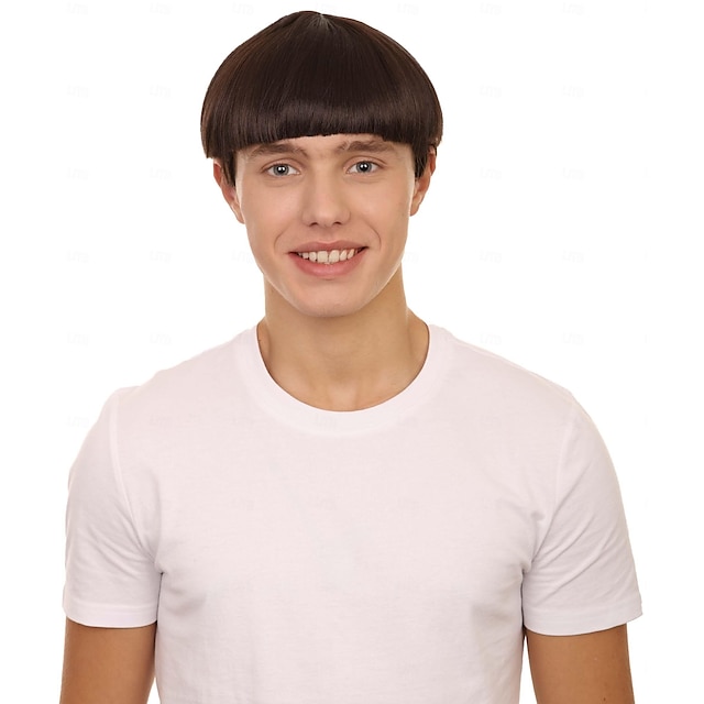  Peluca de corte de tazón retro de Halloween de 9 pulgadas para hombres adultos, colores marrones, cabello sintético suave para festivales, fiestas de anime, fibra sintética ignífuga