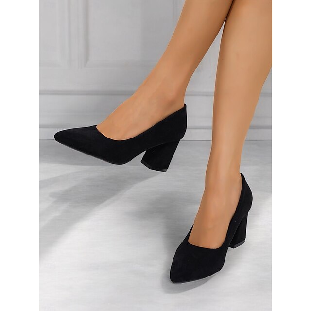 Women's Black Faux Suede Block Heel Pumps Classic Pointed Toe Heels