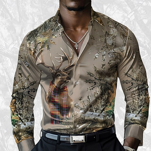 Christmas Men's Deer Satin Shirt Dress Shirt Button Up Shirt Long Sleeve Casual Fashion Casual Outdoor Vacation Dailywear Summer Spring Fall Collared Shirts 3D Print Coffee4
