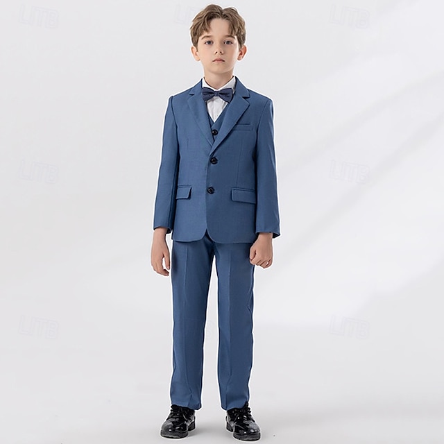  4 Dele Jakkesæt til ringbæreren Drenge Børn Jakkesæt Formel dragt Blazer & Vest & Bukser & Slips Formel Fest Valentinsdage Mode Sej Helfarve Lomme Hvid Vin Navyblå Polyester
