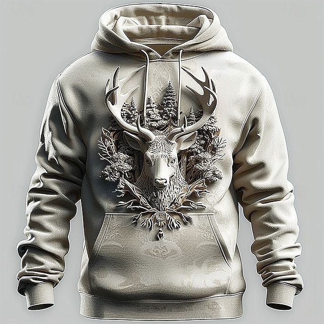  Homens Veado Moletons Moletom Casacos Moletom com capuz Gola Redonda Moda Impressão 3D Festa Feriado Streetwear Branco Com Cordão Outono Inverno Designer