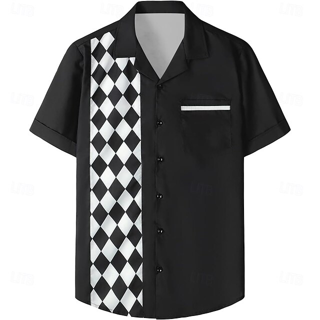 Men's Plaid / Check Bowling Shirt Button Up Shirt Short Sleeve Casual Athleisure Summer Spring Cuban Collar Button Up Pocket Black4