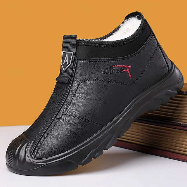 Men's Black Waterproof Winter Slip-On Shoes – Warm Faux Fur Lining, Durable Non-Slip Sole, Perfect for Cold Weather and Outdoor Activities 14