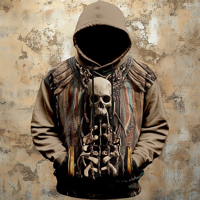  Homens Caveiras Moletons Casacos Moletom com capuz Gola Redonda Moda Impressão 3D Feriado Para Noite Streetwear cáqui Com Cordão Outono Inverno Designer