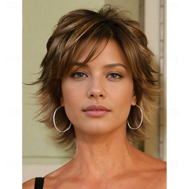 Lisa Rinna Inspired Wig Curly Asymmetrical Wig Short Brown Synthetic Hair Women's Fashionable Design Soft Natural Brown3