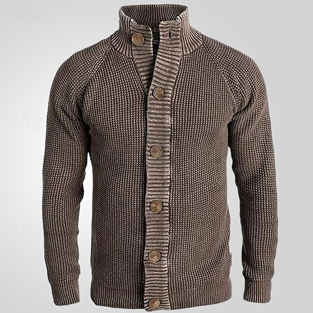 Men's Cardigan Sweater Cropped  Sweater Knit Sweater Ribbed Knit Regular Buckle Solid / Plain Color Stand Collar Fashion Classic Daily Wear Date Clothing Apparel Raglan Sleeves Fall & Winter Brown M3