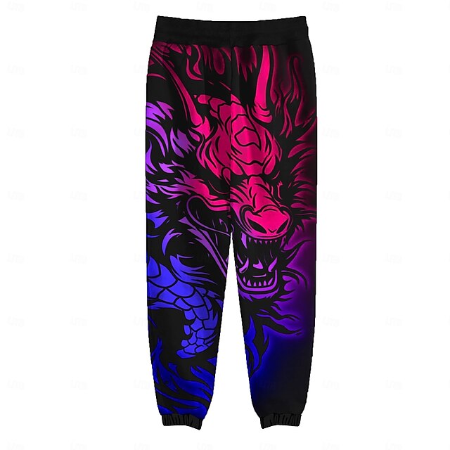  Homens Dragão Calças de moletom de lã Cintura elástica com cordão Moda Casual Ao ar livre Casa Traje de festa para noite Bolsos Térmica Inverno Impressão 3D Roxo