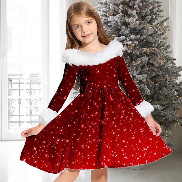 Kids Girls' Dress Gradient Long Sleeve Christmas Gifts Casual Fur Trim — free download