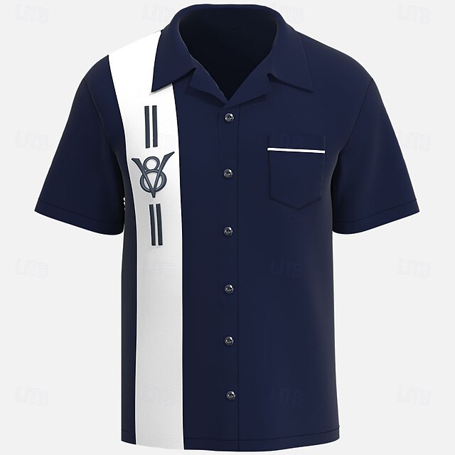 Men's Letter & Number Bowling Shirt Button Up Shirt Short Sleeve Sporty Casual Traveling Summer Turndown Pocket Navy Blue4