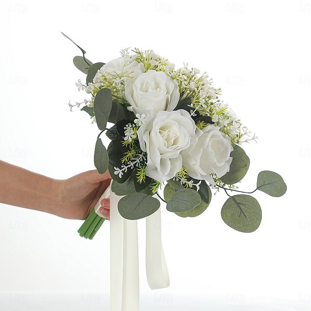  Ramos de novia para boda, ramo de novia de flores artificiales de seda de eucalipto y rosa con aliento de bebé, flores artificiales estilo bosque para accesorios de fotografía de boda al aire libre