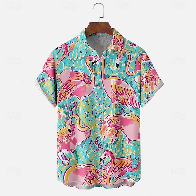  Homens Flamingos Camisa havaiana Camiseta Aloha Manga Curta Havaiana Estilo Praia Férias Verão Primavera Aberto para a Lateral Abotoar Rosa