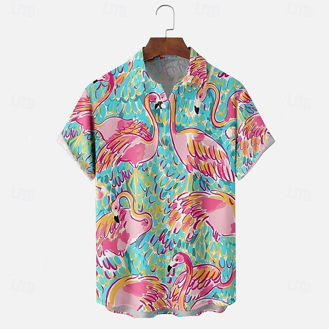 Men's Flamingos Summer Hawaiian Shirt Aloha Shirt Short Sleeve Hawaiian Beach Vacation Summer Spring Turndown Button Up Pink4