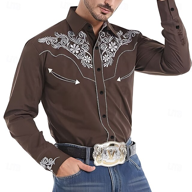 Men's Florals Western Shirt Cowboy Shirt Long Sleeve Western Style Spring Fall Turndown Button Up Brown4