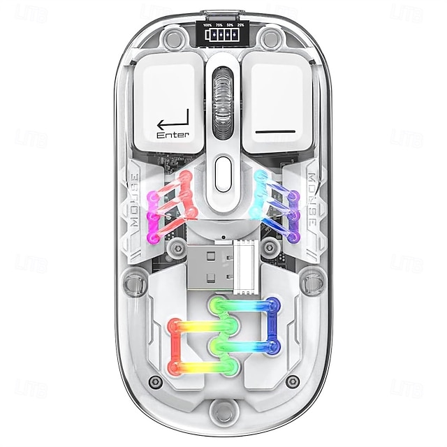  Transparent Dual-Mode Mice BT5.0 2.4G One-Button Switching Type-C 400mAh Rechargeable Mouse Three-Level Movement Speed Adjustable RGB Lights Magnetic PC Cover Custom Drivers