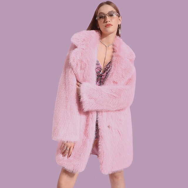 Women's Faux Fur Coat Warm Comfortable Pocket Knitting Elegant Fashion Minimalism Sweet Solid Color Casual Daily Daily Wear Casual Daily Single Breasted Long Lapel Slim Long Sleeve Outerwear Pink2