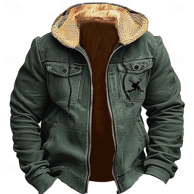  Homme Cerf Polaire Sweats à capuche Mode Frais manche longue À capuche Fête Chasse Marron Vert Fermeture éclair Avec Poches Automne Hiver Designer