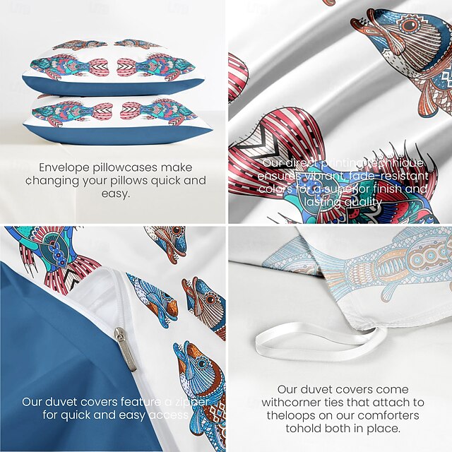  conjunto de capa de edredom confortável com estampa de desenho de peixe, roupa de cama macia de microfibra, design divertido de peixe, inclui capa de edredom e fronhas, fecho de zíper, resistente ao desbotamento, lavável à máquina, tamanhos queen, king, t