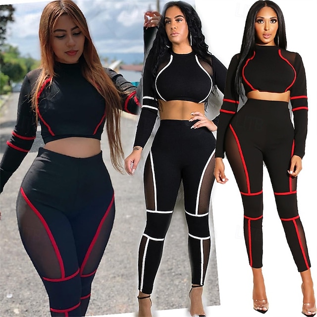  Dam Yogaset 2 st Färgblock Träningsdräkter Vit Röd Yoga Kondition Gymträning Hög midja Andningsfunktion Mjuk Långärmad Sport Sportkläder Microelastisk Smal