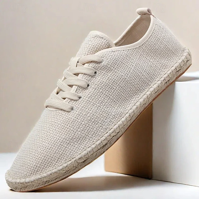 Men's Beige Canvas Lace-Up Espadrille Shoes with Jute Rope Sole – Comfortable Summer Casual Footwear 34