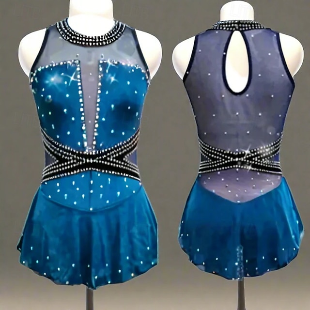  Figure Skating Dress Women's Girls' Ice Skating Dress Blue High Elasticity Training Competition Skating Wear Classic Crystal / Rhinestone Long Sleeve Ice Skating Figure Skating