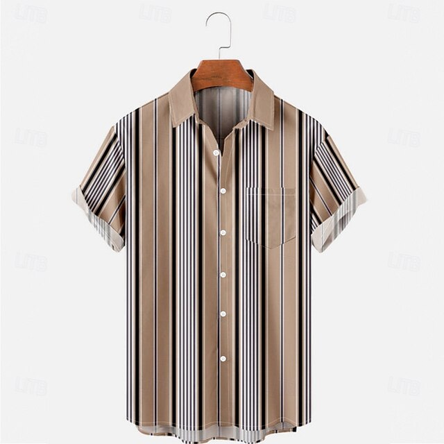 Men's Striped Casual Shirt Button Up Shirt Short Sleeve Business Casual Causal Casual Summer Spring Turndown Button Up Pocket Beige4