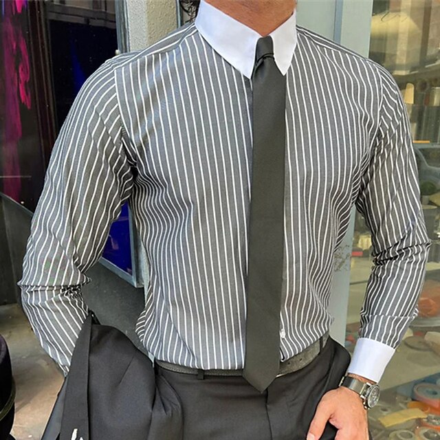Men's Dress Shirt French Cuff Shirt Collared Shirt Striped Wedding Work Black Gray Long Sleeve Turndown Spring, Fall, Winter, Summer Clothing Apparel Button-Down3