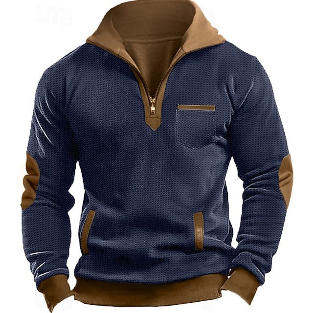  Men's Waffle Sweatshirt Waffle Hoodies Zip Up Sweatshirt Pullover Black Navy Blue Standing Collar Plain Pocket Work Sports & Outdoor Casual Active Vintage Cool Spring Fall Clothing Apparel Hoodies