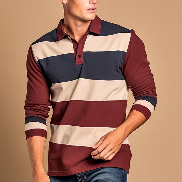 Men's Stripes Cable Knit Polo Long Sleeve Polo Shirts Collared Shirts Casual Outdoor Athleisure 3D Print Spring Fall Red4