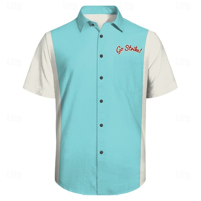 Men's Letter Bowling Shirt Button Up Shirt Short Sleeve Casual Casual Summer Spring Turndown Button Up Pocket Blue4