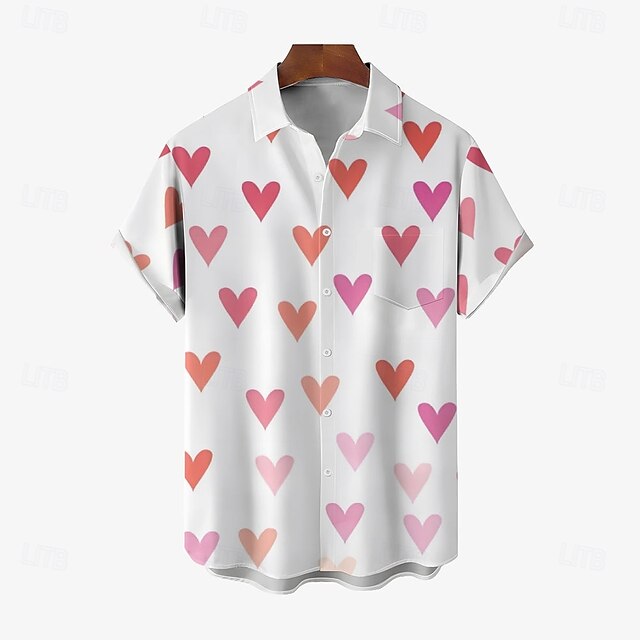  San Valentino Per uomo Con cuori Maglietta informale Camicia con bottoni Manica corta Informale Feste Regalo Informale Estate Primavera Collo ripiegabile Abbottonare Rosa