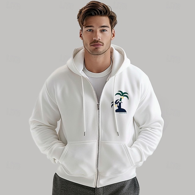  Herren Kapuzensweatshirt Vollreißverschluss-Kapuzensweatshirt Schwarz Weiß Mit Kapuze Farbblock Baum Pflanzen Reißverschluss Tasche Arbeit Sport & Outdoor Lässig Cool Designer Grafik Herbst Winter