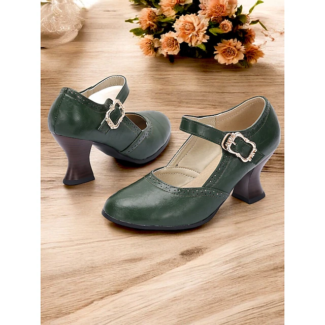 Women's Vintage Gatsby Green faux Leather Mary Jane Pumps for Mid-Heel Dress Shoes with Brogue Detailing and Buckle Strap, Ideal for Office, Formal Events, and Retro Style Outfits 16