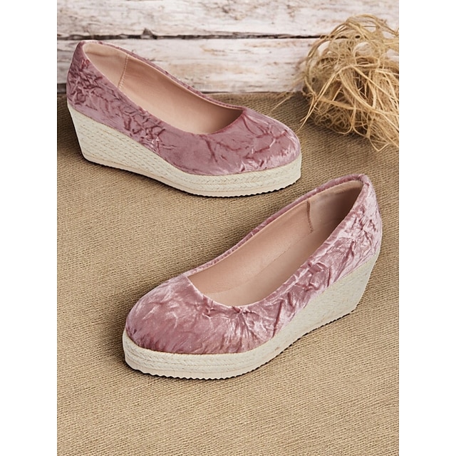  Espadrilles-Keilschuhe aus rosa Samt für Damen, lässige Slip-On-Plateau-Flats für den Sommer und den Alltag