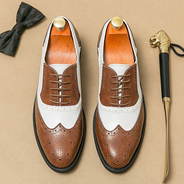  Herresko med tofarget vingetupp i oxford-brogues i brunt og hvitt, ekte skinn med gatsby-inspirerte vintage-sko fra 1920-tallet til bryllup, jazzfester og formelle arrangementer