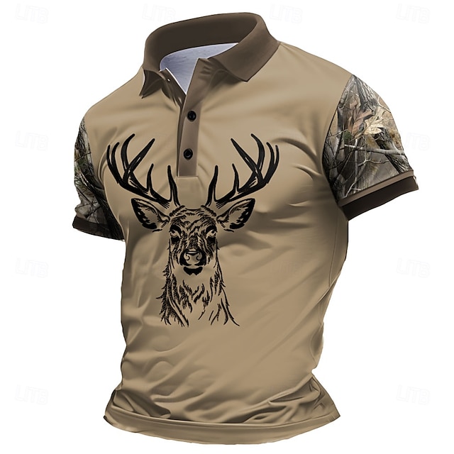  Herren Hirsch Polo Kurzarm Polo-Shirts Hemden mit Kragen Lässig Schule Outdoor Alltagskleidung Hauskleidung 3D-Druck Sommer Frühling Herbst Dunkel Braun Schwarz Braun