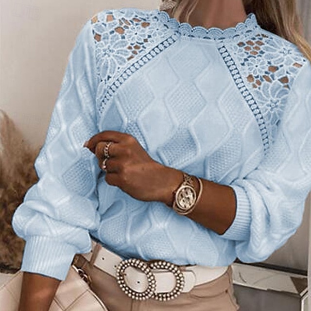  Women's Lace Splicing Top Plain Fashion Modern Casual Long Sleeve Turtleneck Regular Tops Daily Weekend Lace Patchwork White Blue Spring Fall