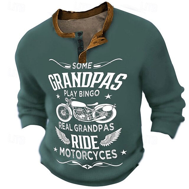 Men's Long Sleeve Henley Graphic Tee: "Real Grandpas Ride Motorcycles" Funny Grandpa Biker Lifestyle Shirt4