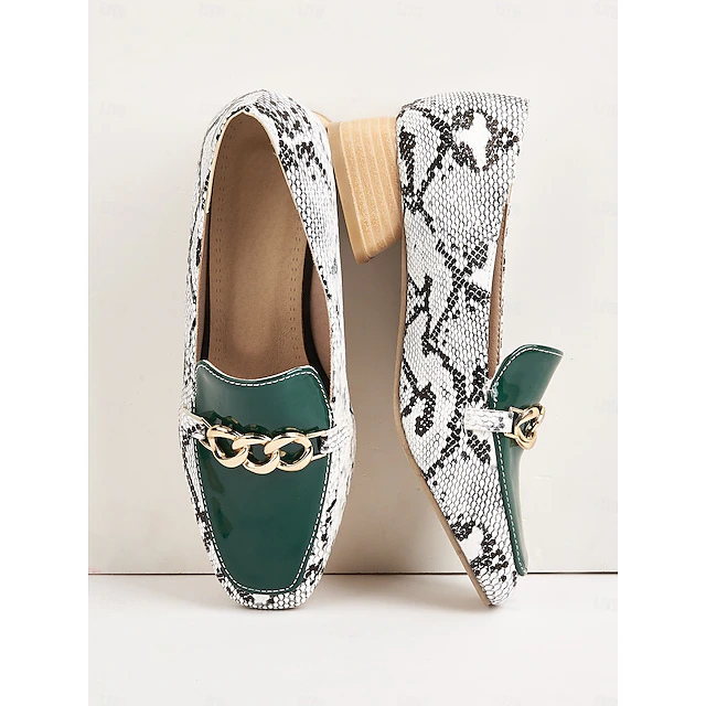 Women's Green Patent Leather Loafers with Snake Print and Gold Chain, Chunky Heel, Stylish and Comfortable Shoes for Work Wear 17