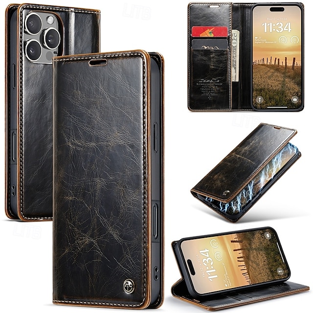  telefon Etui Til iPhone 16 15 14 Pro Max Plus iPhone 13 12 11 Pro Max Flip deksel med stativ Magnetisk Kortspor Kontor / Bedrift TPU PU lær