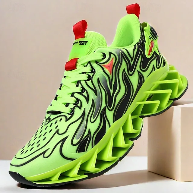 Men's Neon Green Flame Sneakers, Bold Wave Design with Breathable Upper and Cushioned Sole, Perfect for Streetwear and Active Lifestyle 41