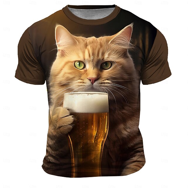 Men's Animal Cat Funny T Shirt Short Sleeve T shirt 3D Print Crew Neck Shirt Exaggerated Designer Party Holiday Brown Summer Spring Clothing Apparel S M L XL XXL XXXL4