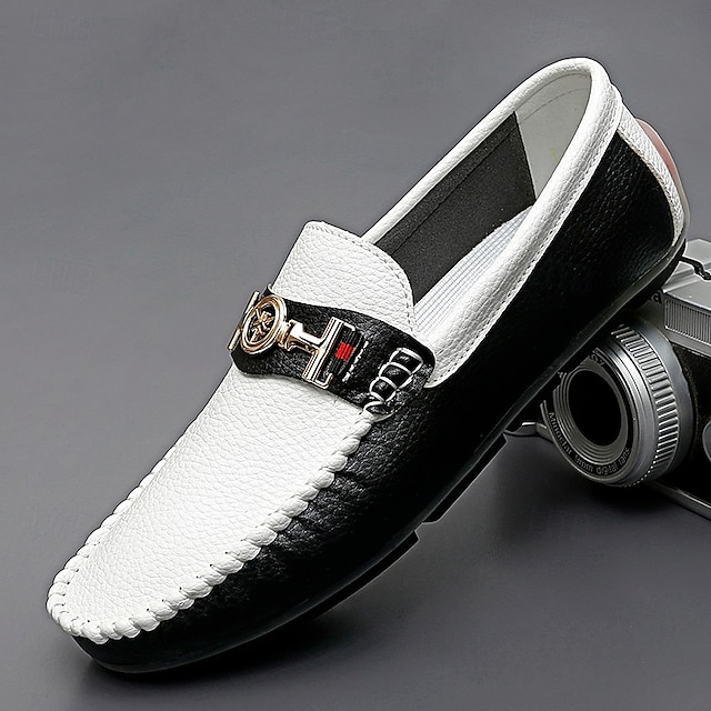  ανδρικά loafers από ψεύτικο δέρμα σε λευκό και κίτρινο χρώμα με χρυσή αγκράφα – κομψά casual slip-on παπούτσια για οδήγηση, πάρτι και καθημερινή χρήση