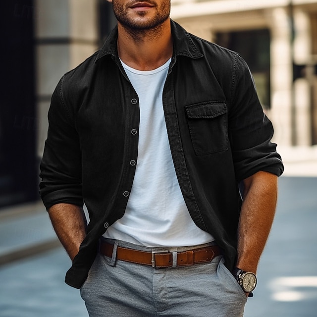  Voor heren Overhemd Werkhemden Overhemd met knopen Cargoshirt Zwart Groen Lange mouw Effen Revers Vakantie Feestdagen Zak Kleding Modieus Casual Comfortabel