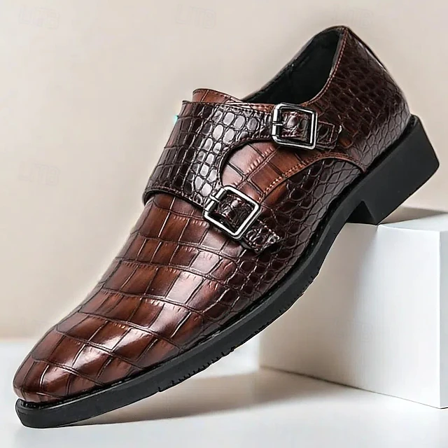 Men's Brown Faux Leather Monk Strap Shoes with Crocodile Pattern – Elegant Formal Dress Shoes for Business, Weddings, and Special Occasions 17