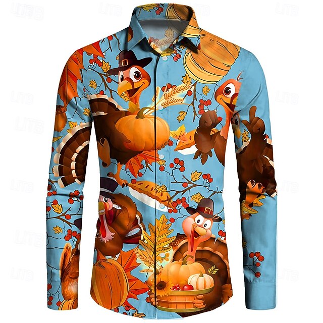 Thanksgiving Day Men's Turkey Shirt Button Up Shirt Long Sleeve Casual Daily Wear Going out Fall & Winter Turndown Print Button-Down Blue4